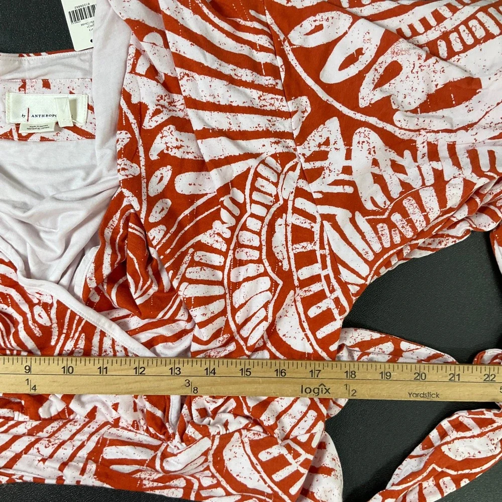 Anthropologie Wrap Top Women XL Red White Jersey Batik Puff Sleeve Boho Cropped